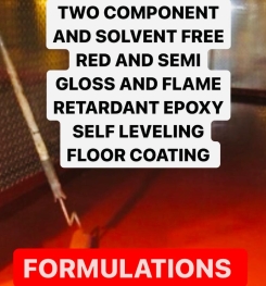 TWO COMPONENT AND SOLVENT FREE RED AND SEMI GLOSS AND FLAME RETARDANT EPOXY SELF LEVELING FLOOR COATING FORMULATIONS AND PRODUCTION PROCESS
