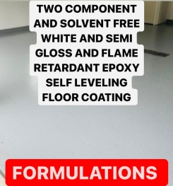 TWO COMPONENT AND SOLVENT FREE WHITE AND SEMI GLOSS AND FLAME RETARDANT EPOXY SELF LEVELING FLOOR COATING FORMULATIONS AND PRODUCTION PROCESS